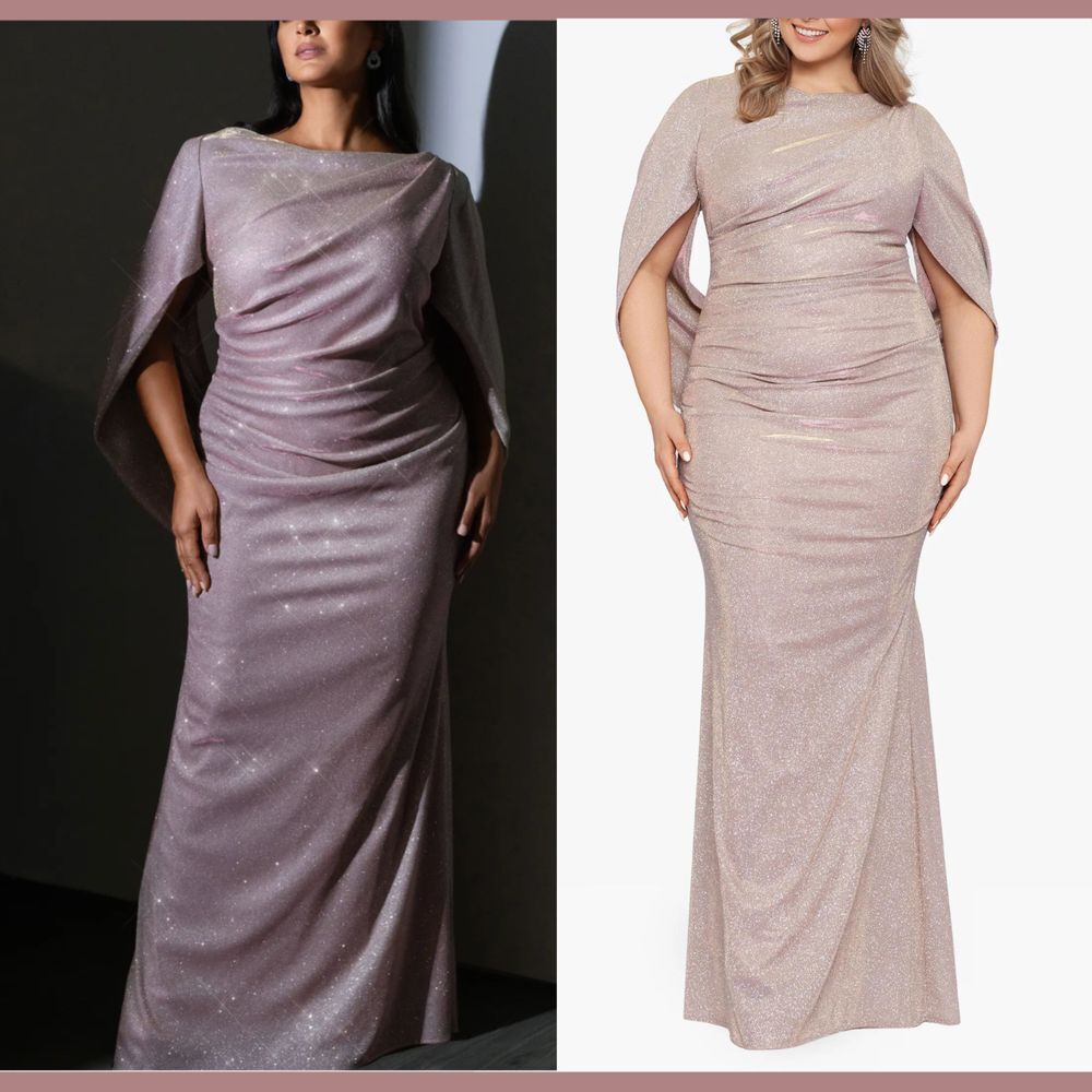 NWT $315 Betsy & Adam [ 14W ] Glitter Drape Cape Sleeve Trumpet Gown Pink #Q1009
